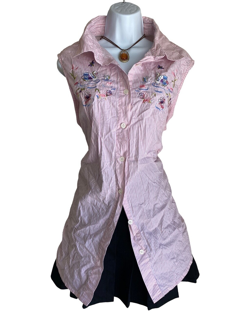 Vintage Capacity Woman Plus 2X Pink Cotton Embroidered Button Up Blouse Tunic